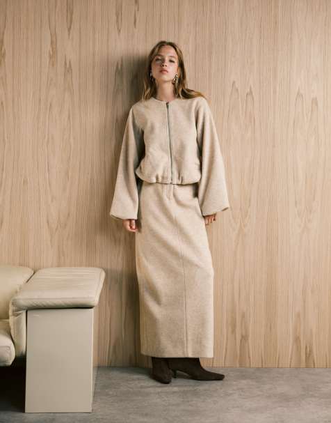 4th & Reckless wool maxi skirt and bomber jacket co-ord in beige - view 1