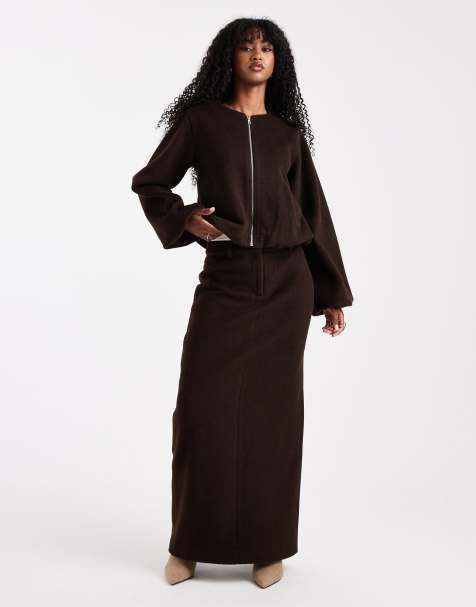 4th & Reckless wool maxi skirt and bomber jacket co-ord in chocolate brown - view 1