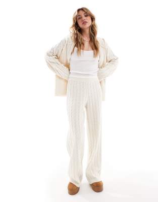 wool mix cable knit flared pants in cream - part of a set-White