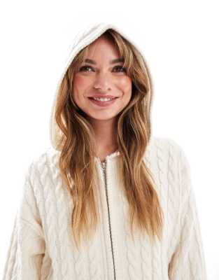 wool mix cable knit longline hoodie in cream - part of a set-White