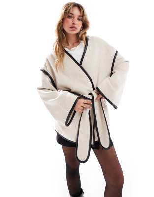 wool mix contrast edge belted jacket in cream-White