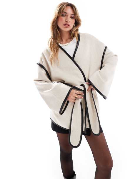 4th & Reckless wool mix contrast edge belted jacket in cream - view 1