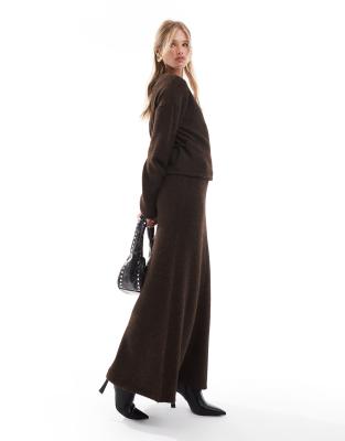 wool mix fluffy knit maxi skirt in chocolate - part of a set-Brown