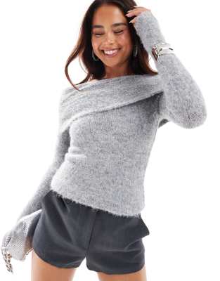 wool mix knitted bardot flared cuff sweater in gray