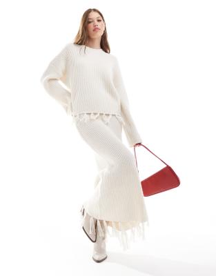 wool mix tassel edge knit maxi skirt in cream - part of a set-White