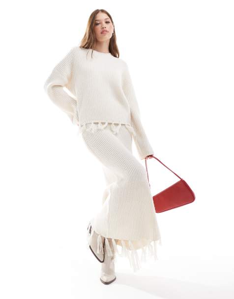 4th & Reckless wool mix tassel edge knitted maxi skirt co-ord in cream - view 1