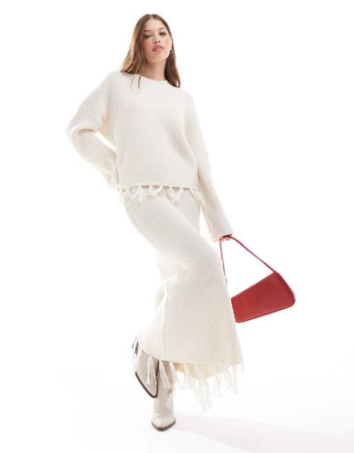 4th & Reckless wool mix tassel edge knitted maxi skirt in cream (part of a set)