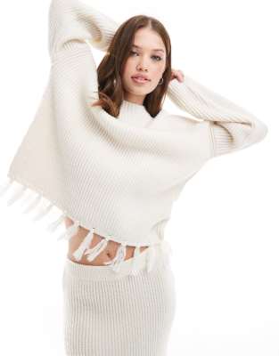 wool mix tassel edge wide sleeve sweater in cream - part of a set-White