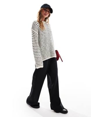 wool mix textured wide sleeve crew neck sweater in cream and black stripe-Multi