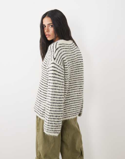 4th & Reckless wool mix textured wide sleeve crew neck sweater in cream and black stripe, 2 of 4