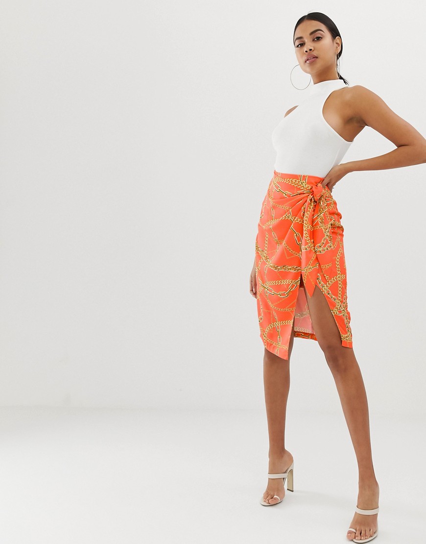 4th + Reckless wrap chain print knot front skirt in orange-Multi