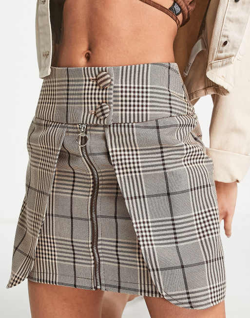 4th reckless wrap mini skirt in taupe check ASOS