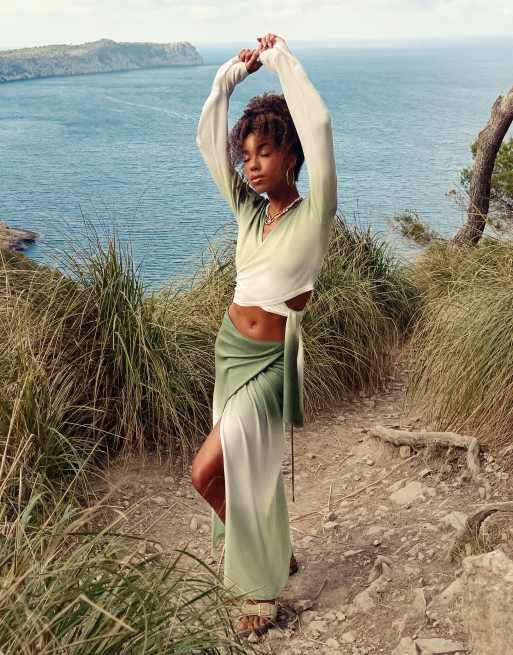 4th & Reckless X Amaka Hamelijnck rio ombre sheer knit co-ord wrap skirt in green