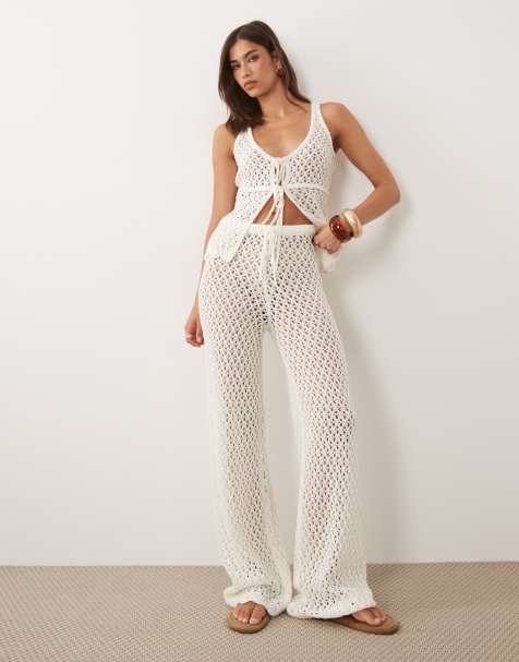 4th & Reckless x Elisa Levallois - Ensemble top de plage fendu devant à nouer et pantalon en maille crochetée riche en coton - Écru - view 1