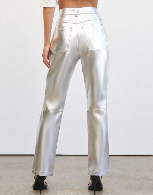 4th & Reckless x Elsa Hosk straight leg leather look pants in silver, 3 of 4