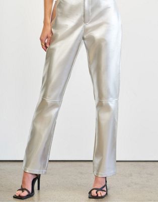 4th & Reckless x Elsa Hosk straight leg leather look trousers in silver