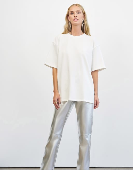 4th & Reckless x Elsa Hosk straight leg leather look trousers in silver, 2 of 4
