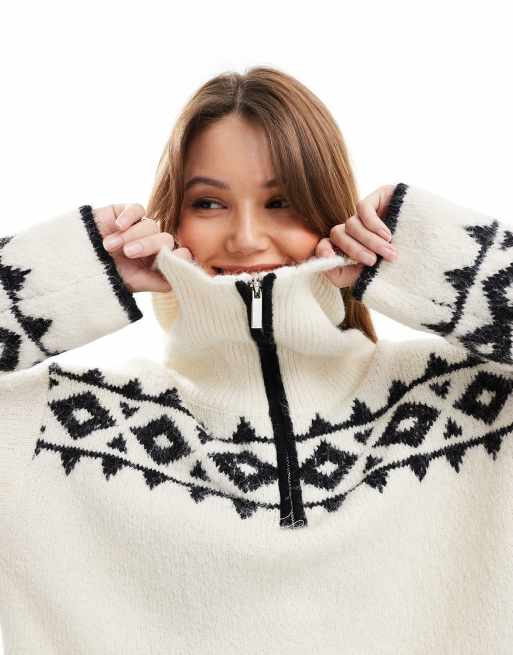 4th & Reckless x Felicia Wedin - Après-Ski - Pull en maille à motif jacquard et col zippé - Crème, 2 de 4