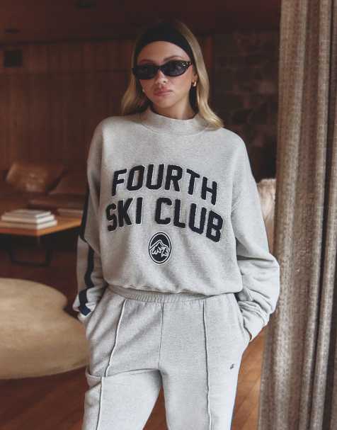 4th & Reckless x Felicia Wedin Apres Ski side stripe borg ski club logo sweatshirt co-ord in grey and navy - view 1