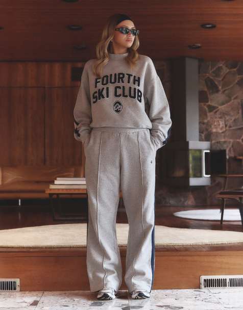 4th & Reckless x Felicia Wedin Apres Ski side stripe logo sweatpants in gray and navy - part of a set - view 1