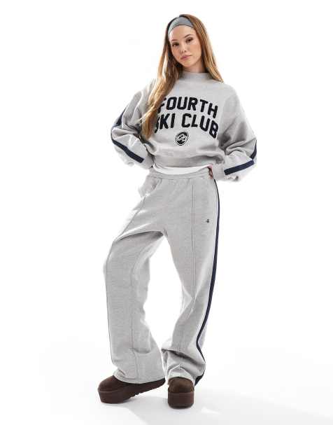 4th & Reckless x Felicia Wedin Apres Ski side stripe teddy ski club logo sweatshirt and sweatpants set in gray and navy - view 1