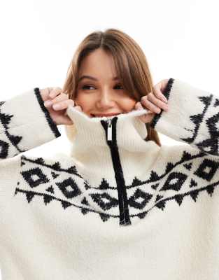 4th & Reckless x Felicia Wedin - Apres Ski - Strickpullover in Creme mit Fair-Isle-Muster und kurzem Reißverschluss-Weiß