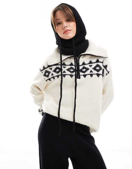 4th & Reckless x Felicia Wedin – Apres Ski – Strickpullover in Creme mit Fair-Isle-Muster und kurzem Reißverschluss, 3 von 4