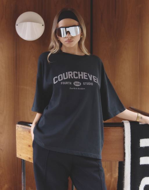 4th & Reckless x Felicia Wedin - Apres Ski - T-shirt met grafische 'Courchevel' print in antracietgrijs 