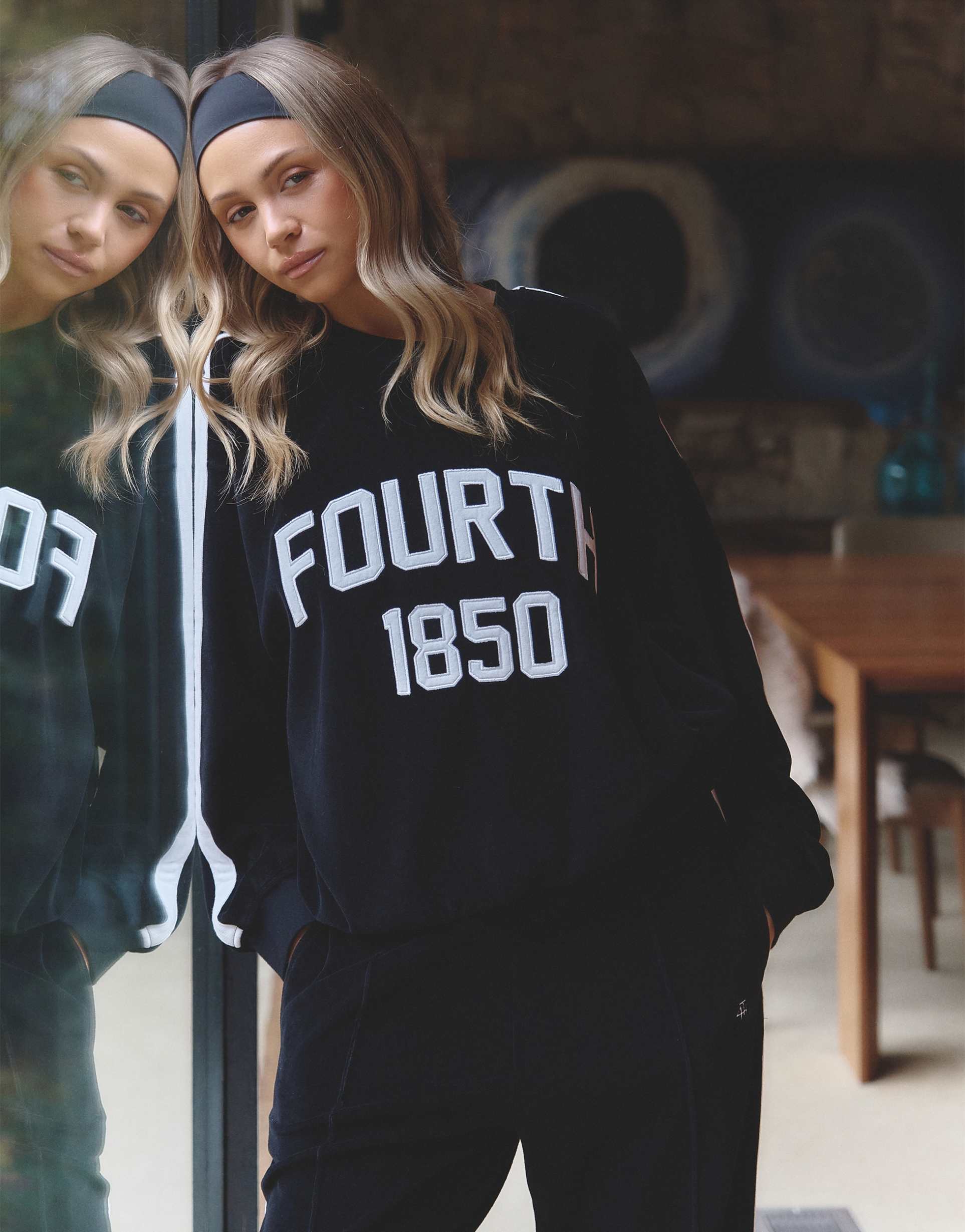 4th & reckless x felicia wedin apres ski velour 1850 side stripe logo sweatshirt in black - part of a set