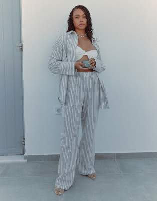 4th & Reckless x Loz Vassallo Delphi tie waist wide leg stripe beach pants in grey (part of a set)
