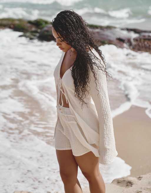 4th & Reckless x Loz Vassallo - Lanai - Chemise d'ensemble de plage en lin froissé - Blanc