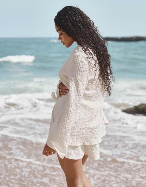 4th & Reckless x Loz Vassallo lanai crinkle linen look beach shorts in white -set, 3 of 4