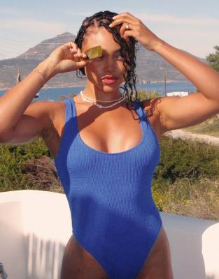 4th & Reckless x Loz Vassallo lisa high leg crinkle swimsuit in denim blue