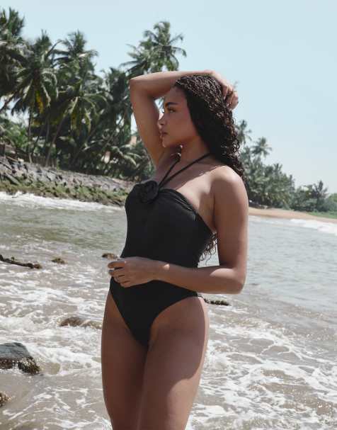 4th & Reckless x Loz Vassallo palma rose detail swimsuit in black - view 1