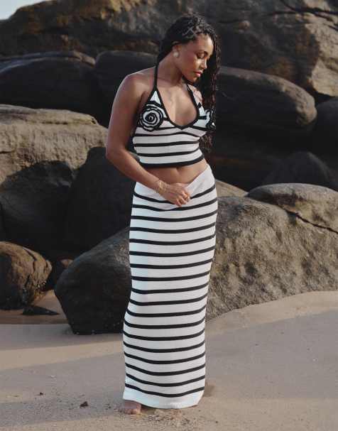 4th & Reckless x Loz Vassallo rico knitted stripe beach maxi skirt co-ord in black and white - view 1