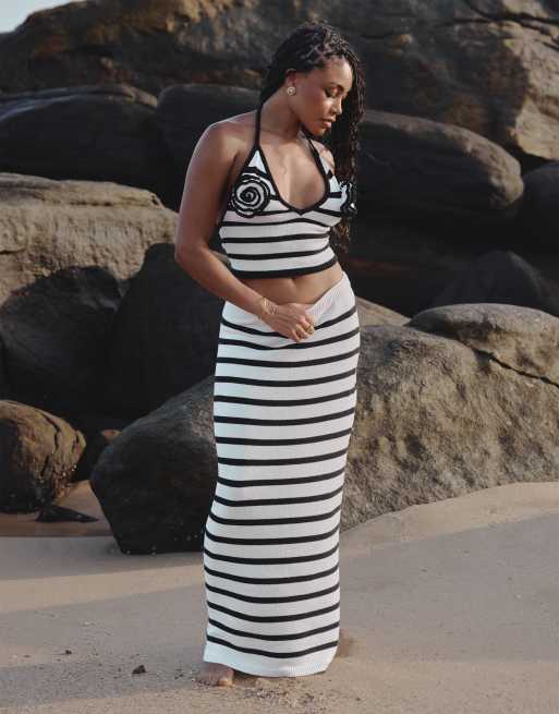 4th Reckless x Loz Vassallo rico knitted stripe beach maxi skirt co ord in black and white