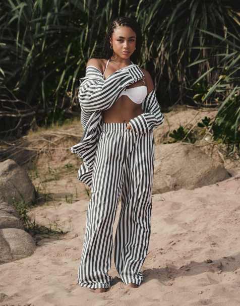 4th & Reckless x Loz Vassallo rio oversized stripe linen beach trouser co-ord in green - view 1