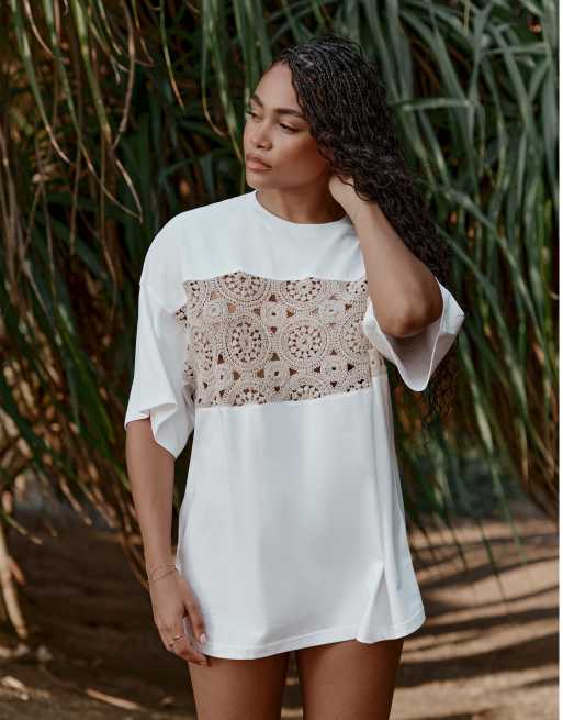 4th & Reckless x Loz Vassallo Soleil crochet panel beach t-shirt in cream (part of a set)