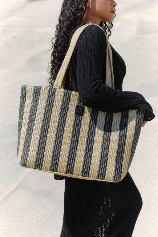 White and Beige Strips Designer Straw Bag