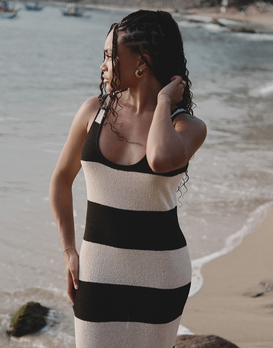 4th & Reckless X Loz Vassallo Tulum Knit Striped Maxi Beach Dress In Black And White-multi