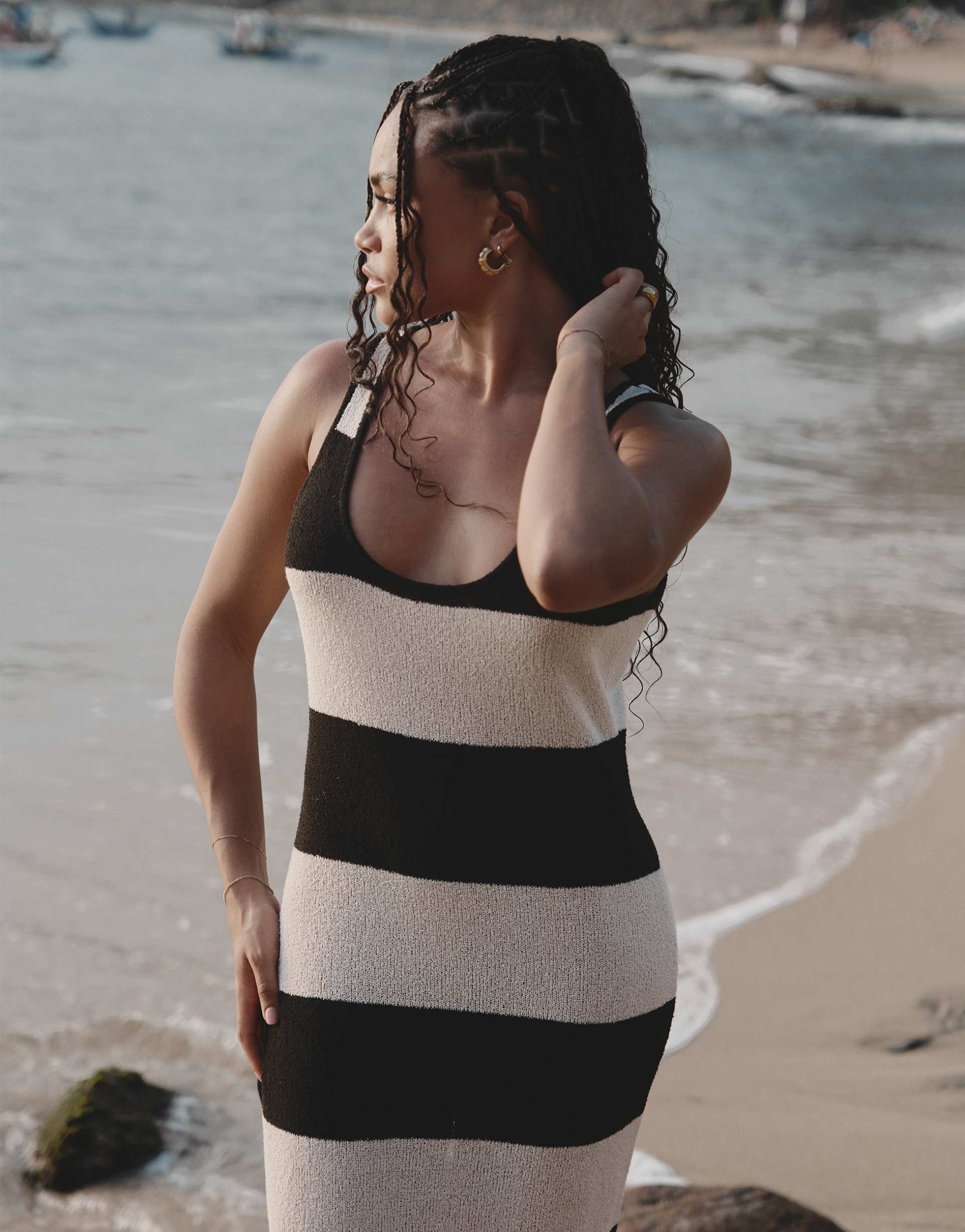 4th & reckless x loz vassallo tulum knit striped maxi beach dress in black and white