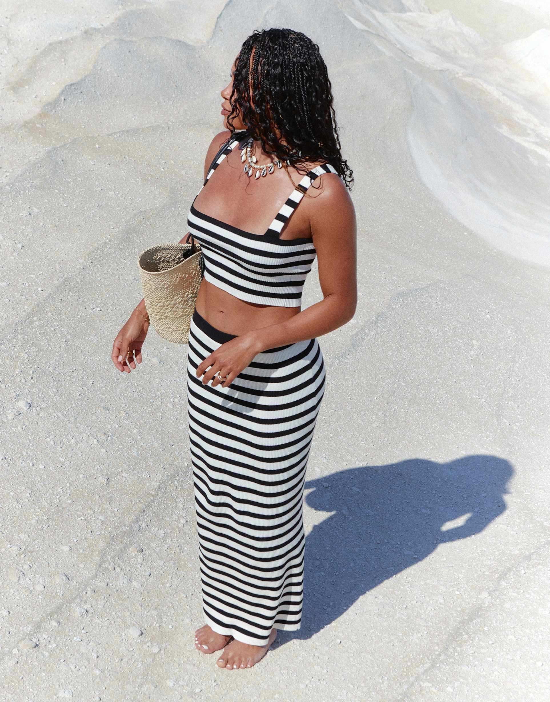 4th & reckless x loz vassallo zoe bandeau stripe knit beach crop top in black and white - part of a set