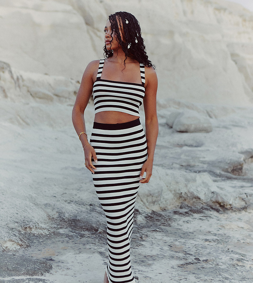 4th & Reckless x Loz Vassallo zoe stripe knit maxi beach skirt co-ord in black and white-Multi