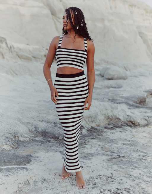 4th Reckless x Loz Vassallo zoe stripe knit maxi beach skirt co ord in black and white