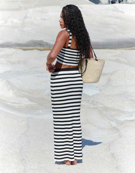 4th Reckless x Loz Vassallo zoe stripe knit maxi beach skirt co ord in black and white