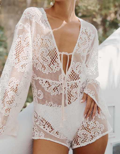 【MOODMOON】Eyelet lace Yoru Cotton Long Sleeve One Piece Women Sexy Floral Lace One Piece Outfit Mesh Jumpsuit Sheer