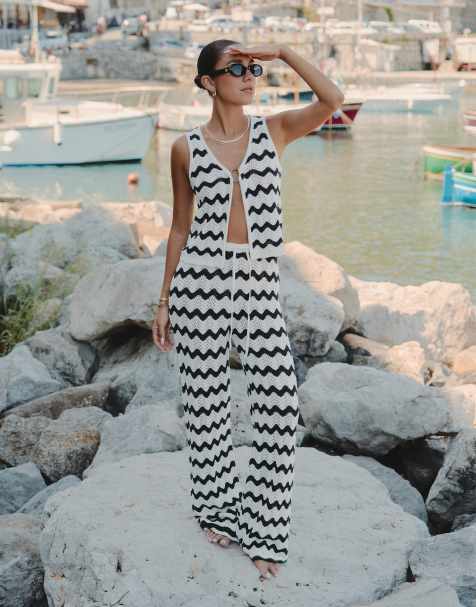 4th & Reckless x Luana Barron Ana wave crochet beach pants in navy and cream (part of a set) - view 1