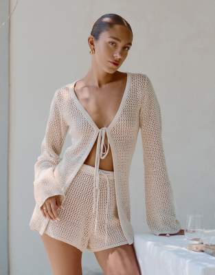 4th & Reckless 4th & Reckless x Luana Barron antoine crochet tie front cardigan beach co-ord in cream-White