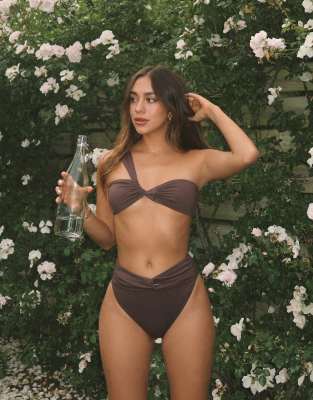 4th & Reckless 4th & Reckless x Luana Barron asymmetric one shoulder bikini top co-ord in chocolate-Brown