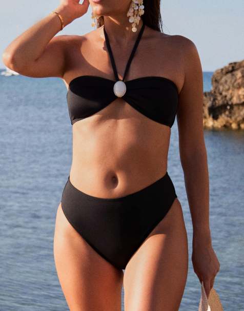 4th & Reckless x Luana Barron bead detail halterneck bikini top and bottoms co-ord in black - view 1